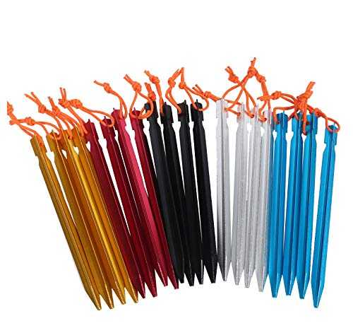 20 Pack Tent Pegs Aluminium Alloy Tent Stakes with Drawstring Bag for Outdoor Camping Trip Hiking Beach Heavy Duty and Mixed Color(5 color mix)