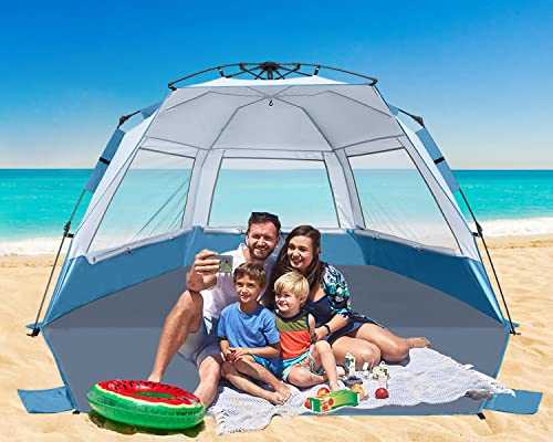 ABCCAMPING Beach Tent Instant Pop up Sun Shade Shelter for 4-6 Person with UV Protection，Extended Floor，3 Mesh Roll Up Windows with Carry Bag, Sandbags, Stakes(Turquoise)