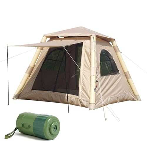 Inflatable Camping Tent, Outdoor Tents with Pump for 2-4 Persons, with 2 Mesh Doors, 2 Mesh Windows, Easy Setup and Portable Waterproof and Windproof, for Camping Festivals Backyard and Sleepovers