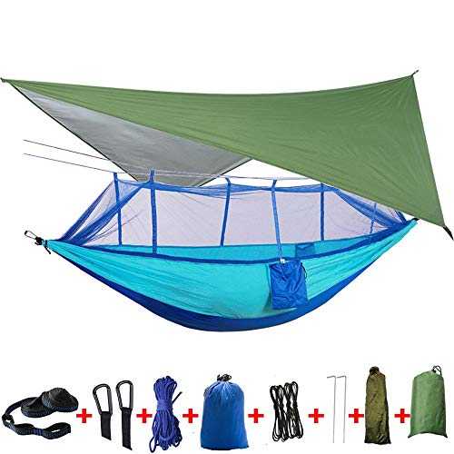 Hammock 2 Person Camping Hammock Tent with Mosquito Net Rainfly Tarp Cover Double Hanging Bed (Color : DARK BLUE, Size : ONE SZIE) (Blue ONE SZIE)