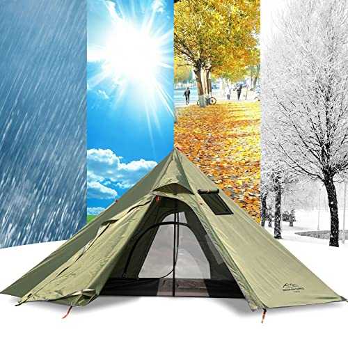 Outdoor Tents Teepee Tent for 1-2 People, Waterproof Four Seasons Family Pyramid Tent Camping Backpacking Hiking Mountaineering Heated Shelter Smokey Chimney, Easy Set Up (Green)