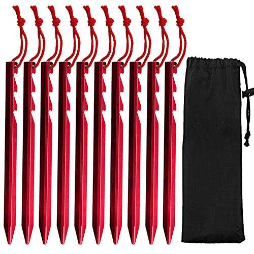 Gibot 10 Pack Camping Tent Stakes Nails Pegs Aluminum Alloy Ultralight Heavy Duty, Red