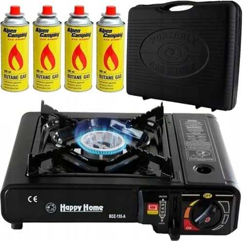 Butane Stove Portable Cooker in Carry Case 2 4 8 12 Gas Bottles Camping BBQ Kit Gas Camping Stove with Automatic Ignition & Heat Control (Gas Stove + 4 Butane Cans)