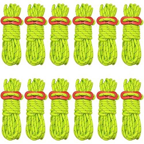 Abaigeal 12 Pcs 4MM Reflective Tent Guy Ropes, 4M /13FT Long Light-Weight Tent Guide Lines Cord Guy Ropes with Aluminum Tensioners Adjuster for Outdoor Camping Hiking Awning Tents Windproof