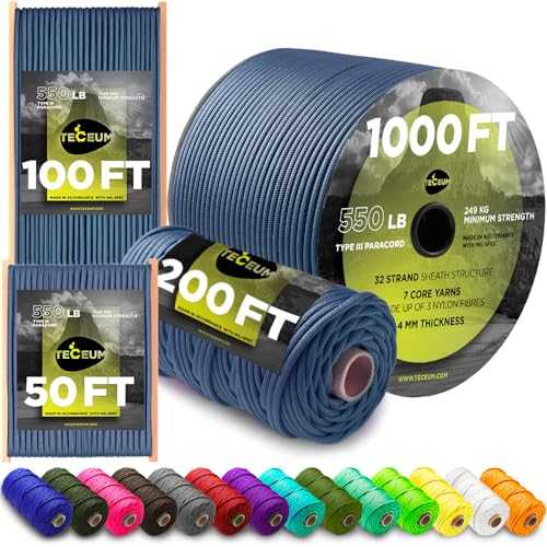 TECEUM Paracord Rope 550lb – 15m / 30m / 60m / 305m – Tactical Parachute Cord 4mm – 45+ Colors – Nylon String for Survival & Camping Gear – Stripe Cord for Survival – Utility Rope
