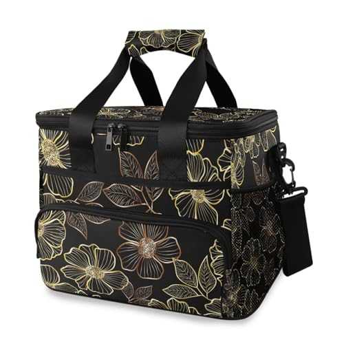 Luxury Golden Flower on Black Cooler Bag Insulated Picnic Bag Large Lunch Box Reusable Tote Bag Soft Sided Portable Beach Cooler Grocery Camping Travel for Adult Men Women