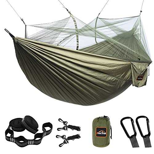 AnorTrek Camping Hammock with Mosquito Net, Double & Single Lightweight Portable Hammocks with Tree Straps, Parachute Hammock for Camping, Backpacking, Traveling & Hiking