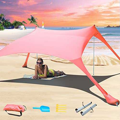 CUUPO 77 FT Beach Tent Sun Shelter UPF50+ UV Protection, Outdoor Canopy Tent Sun Shade with 2 Poles for Camping, Fishing, Backyard and Picnics with Sandproof Beach Blanket Red