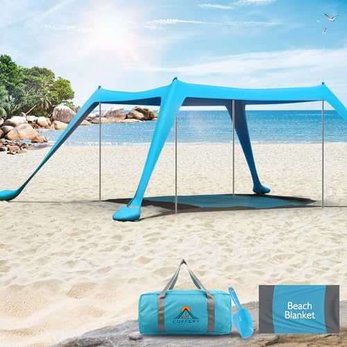 COPFERY Beach Tent Sun Shelter for Family 10x10 FT UPF50+ Windproof Beach Canopy with Mat, Sand Shovel, Ground Pegs and Stability 4 Aluminum Poles, Portable Sun Shelter for Beach, Backyard or Picnics