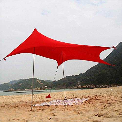 New Tent Home Sunscreen Sunshade Tent With 2 Lightweight Folding Steel Poles 4 Sandbags Anchor Large Portable Rain Camping Tarpaulin Sunscreen Insulation 3-4 People Red for Backpacking Fishing