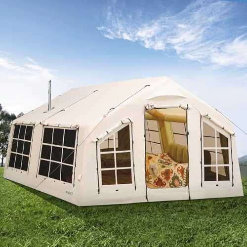KNUO 2025 Upgraded 100% Waterproof Inflatable Camping Tent for 6~8 People, Large Blow-Up Air Tent, No Assembly Needed Luxury Glamping House, 12x15ft Oxford Fabric