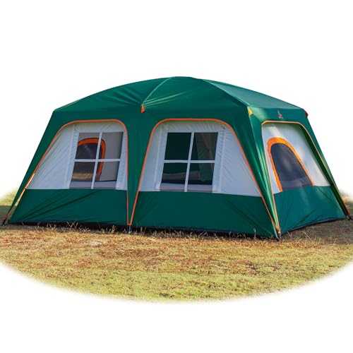 KTT Extra Large Tent 8-10 Person,Family Cabin Tents,2 Rooms,3 Doors and 3 Windows with Mesh,Straight Wall,Waterproof,Double Layer,Big Tent for Outdoor,Picnic,Camping,Family Gathering(Green)