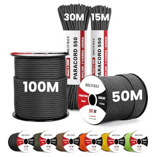 Paracord 550 4mm 30M 100% Nylon Rope 7 Strands Type III Parachute Cord for Survival, Outdoor and DIY - 250kg Breaking Load (Black)