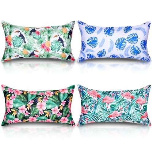 Hollowfly 4 Pcs Inflatable Beach Pillow with Washable Cover Set Portable Travel Camping Pillows with Tropical Leaves Pillow Covers Blow up Inflatable Pillow with Cushion Covers for Vacations