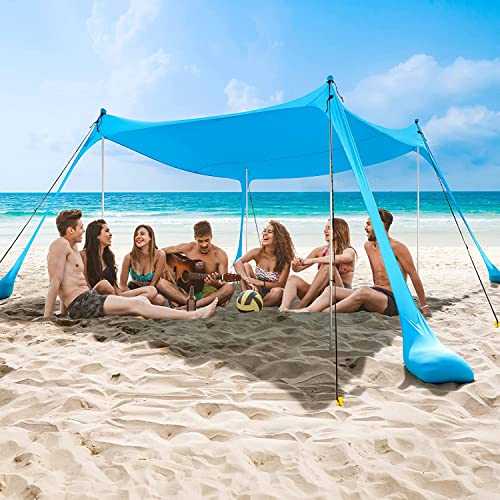 COMMOUDS Beach Tent Sun Shelter, UPF50+ Beach Shelter Canopy 2.1m x 2.1m, Portable Beach Umbrella Sun Shade with 4 Aluminum Poles, Easy Set Up Family Shelter for Beach, Camping, Fishing, Outdoors