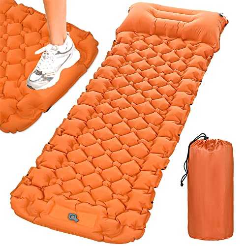 PEAK COMFORT Self-Inflating Sleeping Mat for Camping - Thick Waterproof Mat in Sundial Orange for Outdoor Hiking, Backpacking, Camping - Built-In Foot Pump & Pillow, Carrier Bag Included.