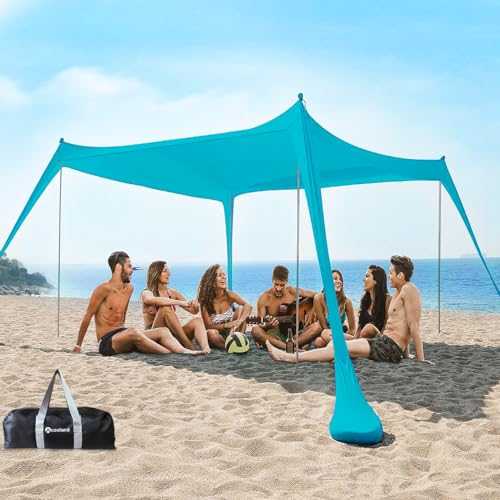 Roveinsia Beach Tent Sun Shelter 10 x 10ft, with 4 Aluminum Poles, includes Sand Shovel, Ground Pegs and Carry Bag, Outdoor Pop Up Beach Shade Canopy for Camping, Fishing, Backyard Fun or Picnics