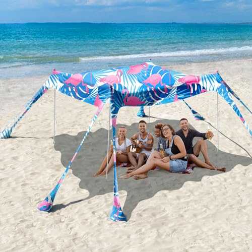 Rhino Valley Beach Tent,10x10 FT Beach Shade UPF50+ Protection,Beach Canopy with 8 Sandbags 4 Stability Poles,Outdoor Beach Tent Sun Shelter Umbrella for Sand,Camping,Fishing Essentials, Blue+Flamingo