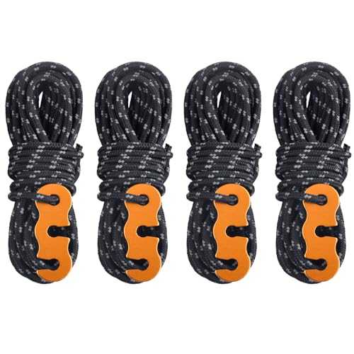 TRIWONDER Guy Ropes 3mm Paracord Reflective Cord Guyline Nylon Rope with Tensioners for Outdoor Camping Hiking Awning Tent (Black - 4 Pcs)