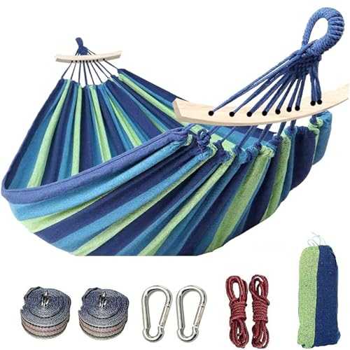 XoTiq Outdoor Double Hammock, Portable Cotton Hammock 260×150cm, Heavy Duty Tree Hammock Load 300kg, Lightweight Hammock with Travel Bag for Camping Outdoor/Indoor Patio Backyard Garden