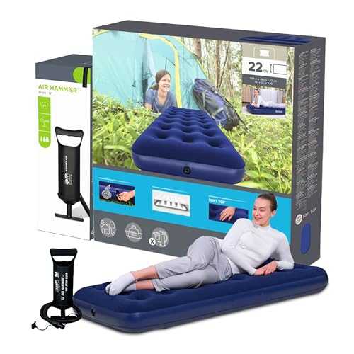 Topline Inflatable Mattress Air Bed & Air Pump - Blue Inflatable Single Mattress & 12" Air Hammer with Card. Portable great for Camping, Guest Bed, Campervan