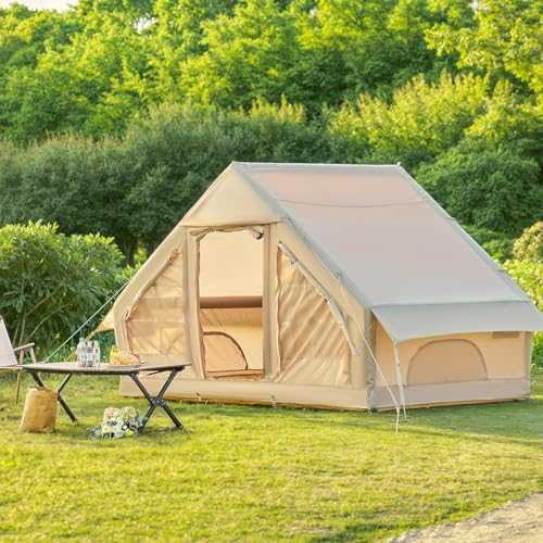 Inflatable Tent House 3-5 Person Family 4 Season Air Tent for Camping, Outdoor Blow Up Tents with Hand Pump, Glamping Tents Large Vestibule, Waterproof and Windproof with Mesh Windows, Quick To Set Up