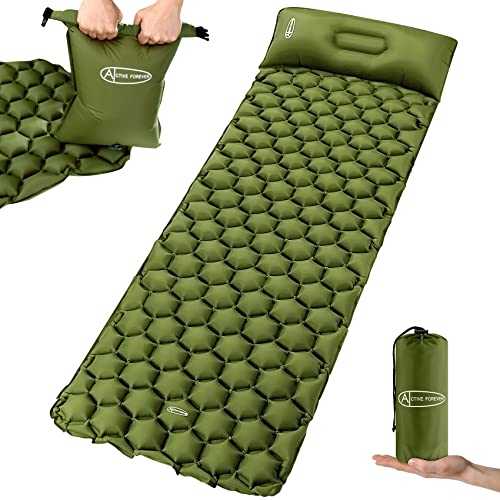 ACTIVE FOREVER Inflatable Camping Mat, Ultralight Sleeping Mat with Pillow and 20L Pump Sack, Waterproof Air Mattress Single Pad Bed for Outdoor Backpacking Hiking Beach, Army green