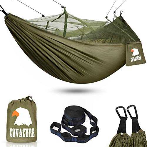 COVACURE Camping Hammock with Mosquito Net, Ultralight 210T Parachute Nylon with Two 10FT Tree Straps for Outdoor Camping Accessories