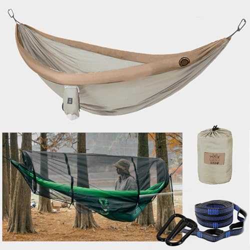 Camping Hammock with Mosquito Net, Portable Double Hammock Tent with Anti-Rollover Inflatable Armrest, 2 Person Hanging Hammocks Tree Straps, Max 500lbs, Brown