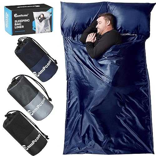 Silky Sleeping Bag Liner Cold/Warm Weather–XL Travel Sheets for Hotel 85"×52"– Lightweight Sleep Sack with Zipper & Pillow Pocket-100% Polyester Adult Sleep Sack - Hotel Sleeping Bag. (Blue)