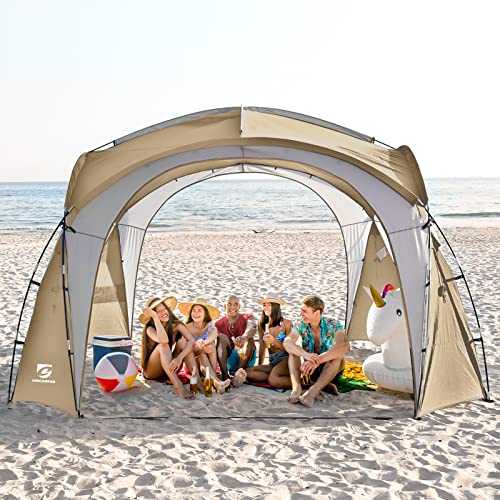 Beach Tent 12 X 12ft Large UPF50+ Pop Up Canopy with 2-Pcs Side Wall, Sun Shelter Rainproof, Waterproof for Camping Trips, Backyard Fun, Fishing, Parties, Or Picnics(Khaki-Upgrade)