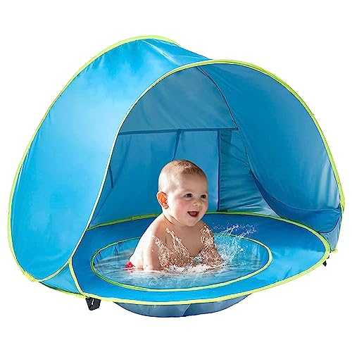 Baby Beach Tent with Pool,Upgrade Easy Fold Up & Pop Up Unique Ocean World Baby Tent,50+ UPF UV Protection Outdoor Tent for Aged 3-48 Months Baby Kids Parks Beach Shade (UV Protection - Blue)