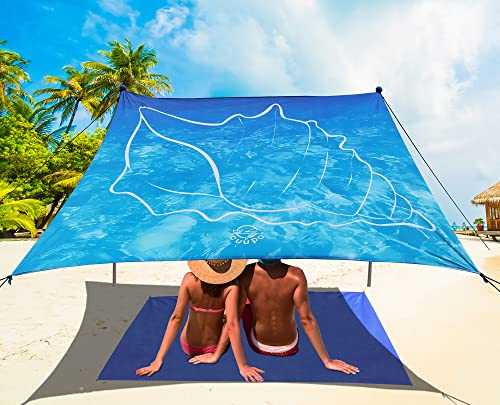 CUUPO 3D Printing Beach Canopy Tent Sun Shade with UPF 50+ UV Protection, 7x6 FT Tent Sun Shelter Pop Up 2 Poles Outdoor Shelter for Beach, Camping, Fishing, Backyard and Picnics with Mat