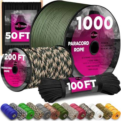 TECEUM Paracord Type IV 750 lb M – 100% Nylon Strong Tactical MIL–SPEC Parachute Cord – Survival Rope