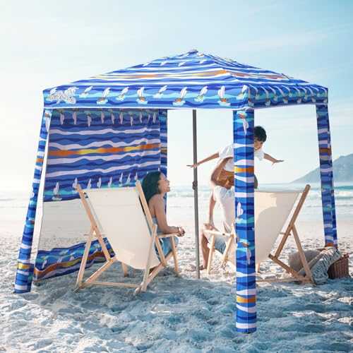 Jihfmo Beach Cabana, 6.2'×6.2' Beach Canopy with Side Wall, UPF 50+ UV Protection Easy Setup Tent Sun Shelter with Sand Pockets for Whole Family(Surging Waves) (Summer Sailboat)