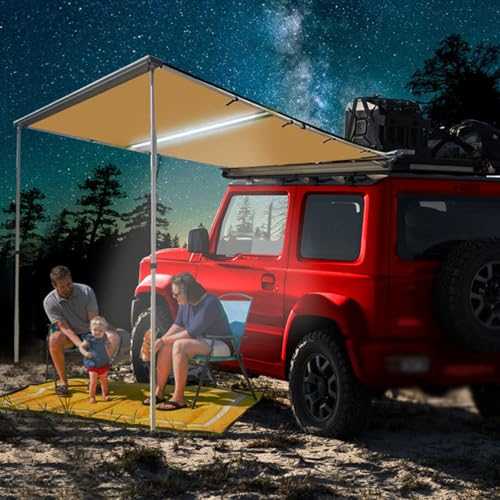Hot Tent，Winter Tent，Teepee，Car Side Awning with LED Light Rooftop Pull Out Tent Shelter Adjustable Height Telescoping Poles PU2000mm UV50+ Shade SUV Outdoor Camping Trav