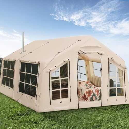 KNUO 2025 Upgraded 100% Waterproof Inflatable Camping Tent for 6~8 People, Large Blow-Up Air Tent, No Assembly Needed Luxury Glamping House, 12x15ft Oxford Fabric