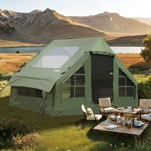 Inflatable Tent for Camping with Hand Pump Blow Up Tent Glamping Tent 4 Season Air Tent, Easy Setup Waterproof Outdoor Oxford Tent Army Green 4-6 Person House Breathable Large Luxury Tent