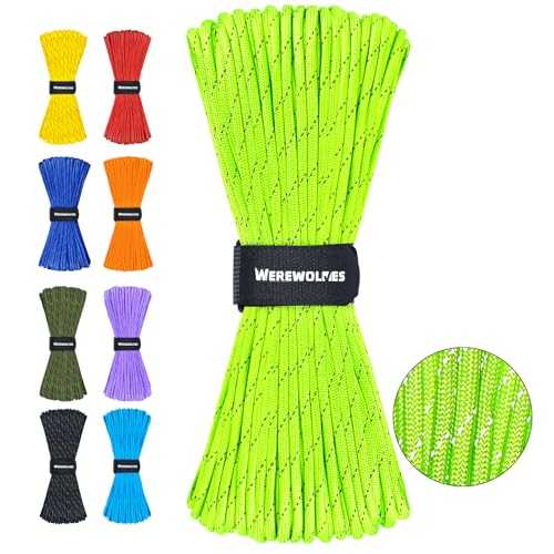 WEREWOLVES Reflective Paracord Rope 100FT, 7 Strand Type III Parachute Cord 4mm Thin Tent Rope for Outdoor Camping Hiking (Neon Green, 100FT)