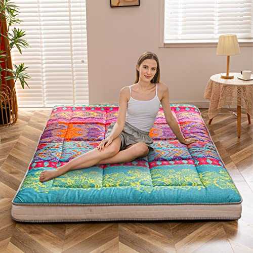 MAXYOYO Bohemian Retro Floor Mattress Vintage Floral Japanese Futon Mattress Roll Up Thicken Sleeping Bed Portable Camping Mattress Floor Lounger Couch Bed Mattress Pad (Thick-Bohemian B, King)