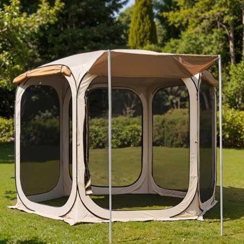 East Oak Pop Up Camping Tent 12×12 FT | Outdoor Screen House with 6 Sunshades | Oversized Instant Canopy with Portable Carry Bag | Pop Up Gazebo for Patio, Camping, and Beach | Beige