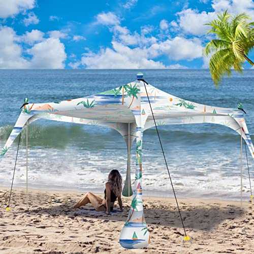 Buheco Beach Tent Pop Up Shade 7x7.5ft Beach Canopy Sun Shelter UPF50+ with 4 Foldable Poles-Portable Carrying Bag-Sand Shovel-Ground Pegs-Windproof Ropes for Outdoor Family Camping-Fishing- Picnic