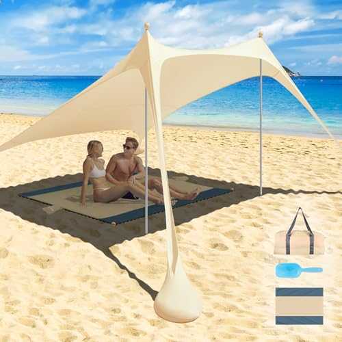 Beach Tent Sun Shelter, Portable Canopy Sunshade, Pop Up Beach Tent UPF50+ with Awning Carpet Sand Shovel Carrying Bag, Perfect for Beach, Camping, Fishing, Backyard Fun (2.4x2.4M,2Poles,Beige)