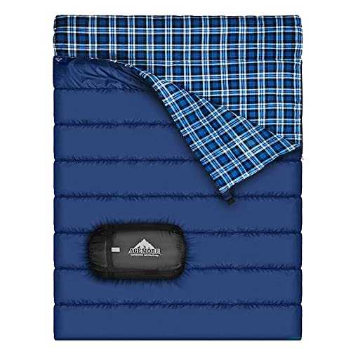 Cotton Flannel Double Sleeping Bag For Camping, Backpacking, Or Hiking. Queen Size 2 Person Waterproof Sleeping Bag For Adults Or Teens. Truck, Tent, Or Sleeping Pad, Lightweight