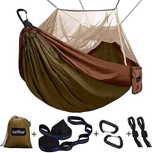 Sunyear Camping Hammock, Portable Single & Double Hammock with Net, 2 Person Hammock Tent with 2 * 10ft Straps, Best for Outdoor Hiking Survival Travel