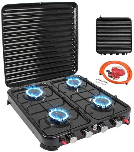 Portable Camping Stove with 4 Burners, 8800W Compact Gas Cooker with Automatic Ignition Camping Gas Stove with Hose & Regulator, Propane Camp Stoves 48 x 48.5 x10.5 cm Portable Cooker