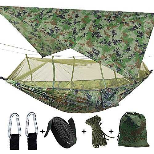 ele ELEOPTION Camping Hammock with Mosquito Net and Rain Fly 200kg Load Capacity 260 x 140 cm Nylon Double Hammock Waterproof Lightweight Portable for Backpacking Hiking Fishing Outdoors Garden