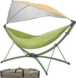 Portable Hammock with Quick Setup Folding Stand & Adjustable Sunshade Canopy & Storage Bag - Adult/Child Hammock Chair - Heavy Duty Hammock for Camping Home Garden Hotel Outside Beach Forest Grasslan