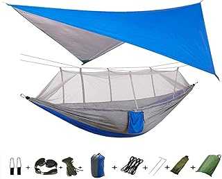 Portable Camping Hammock with Net and Rain Fly, Includes Tree Straps, Ideal for Indoor and Outdoor Use, Perfect for Backpacking, Travel, Beach, and Hiking