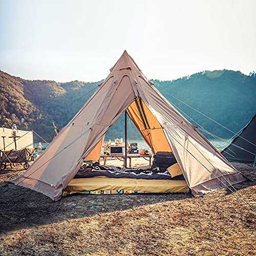 Outdoor Portable Cotton Canvas 5-8 Person 3 Seasons Bell Teepee Tent with Stove Hole Double Door Spire Tent Pyramid Tents for Family Camping